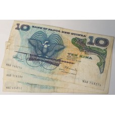 PAPUA NEW GUINEA 1975 . TEN 10 KINA BANKNOTES . SET OF 3